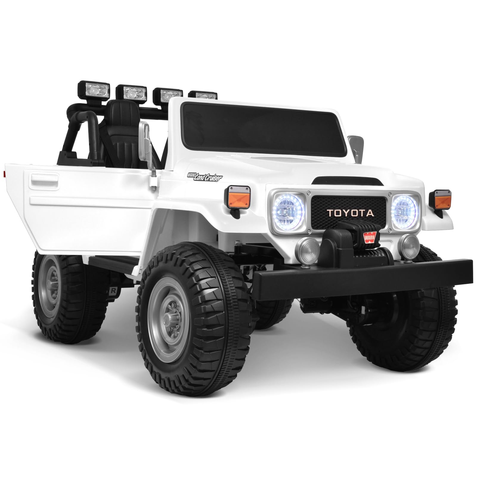 Joywhale 24V 2 Seater Kids Ride on Truck Licensed Toyota Land Cruiser FJ40 4WD Battery Powered Electric Car, with 4x75W Engine, Remote Control, Soft Braking, Easy-Drag, Suspension & Car Cover, White