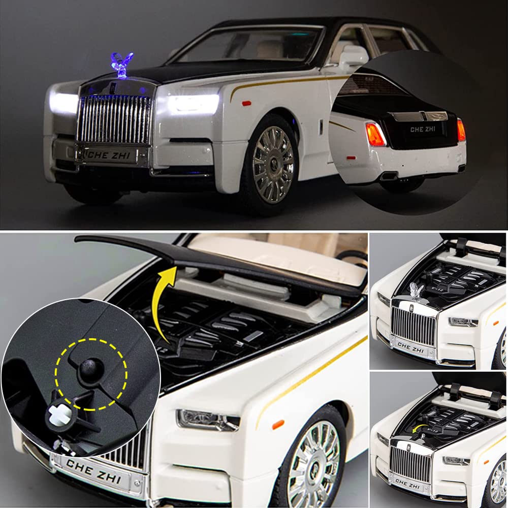 EROCK Upgrade Version -Exquisite car Model 1/24 Rolls-Royce Phantom Model Car,Zinc Alloy Pull Back Toy car with Sound and Light for Kids Boy Girl Gift. (White-Black)