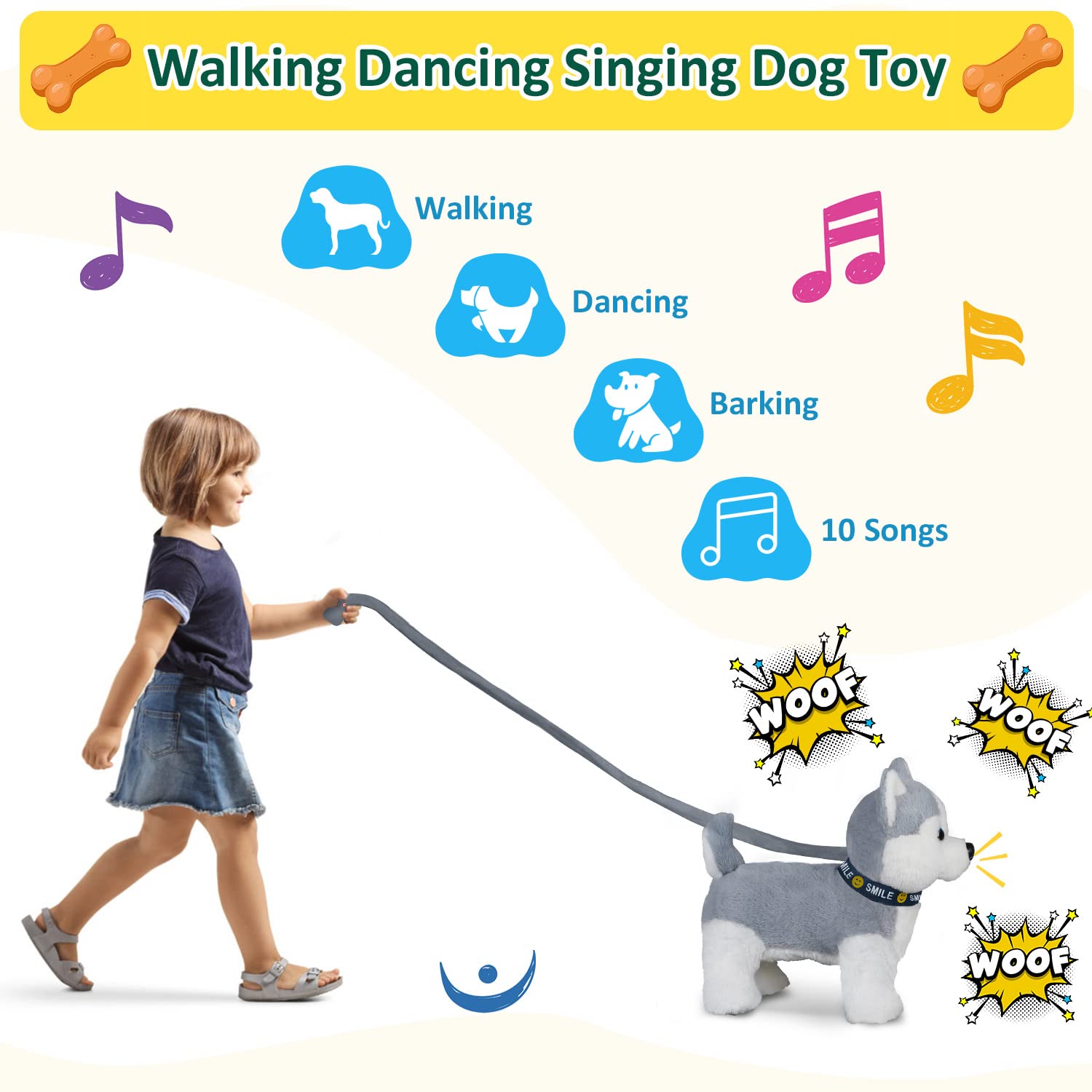 Husky Walking and Barking Puppy Dog Toy with Control Leash,Realistic Wagging Tail Robot Interactive Musical Dancing Animated Plush Stuffed Animal Electronic Pet for Kids Toddlers