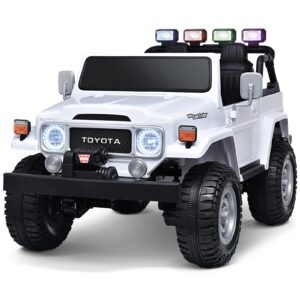 joywhale 24v 2 seater kids ride on truck licensed toyota land cruiser fj40 4wd battery powered electric car, with 4x75w engine, remote control, soft braking, easy-drag, suspension & car cover, white