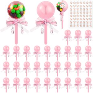 30 Pcs Baby Rattle Party Favors Baby Shower Bottles with Bow Crystal Bear Pacifier Ornament Pink Fillable Baby Rattle Plastic Candy Bottle and 56 Thank You Label Stickers for Birthday Gift Decoration