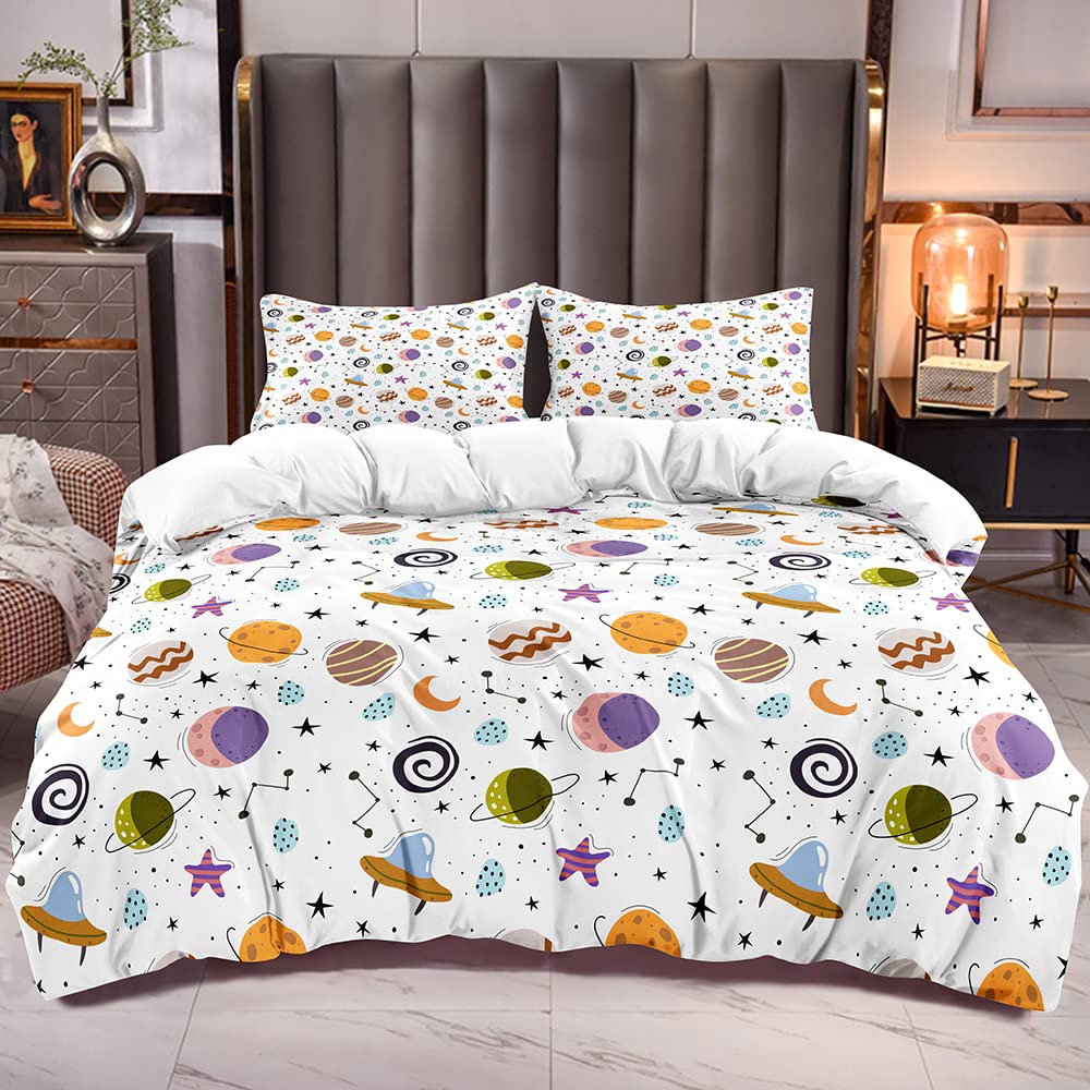 JIJIWANG California King Space Duvet Cover 2 Pillowshames Cotton Comforter Cover Kids Universe Duvet Cover Planet Constellations Spaceship Print