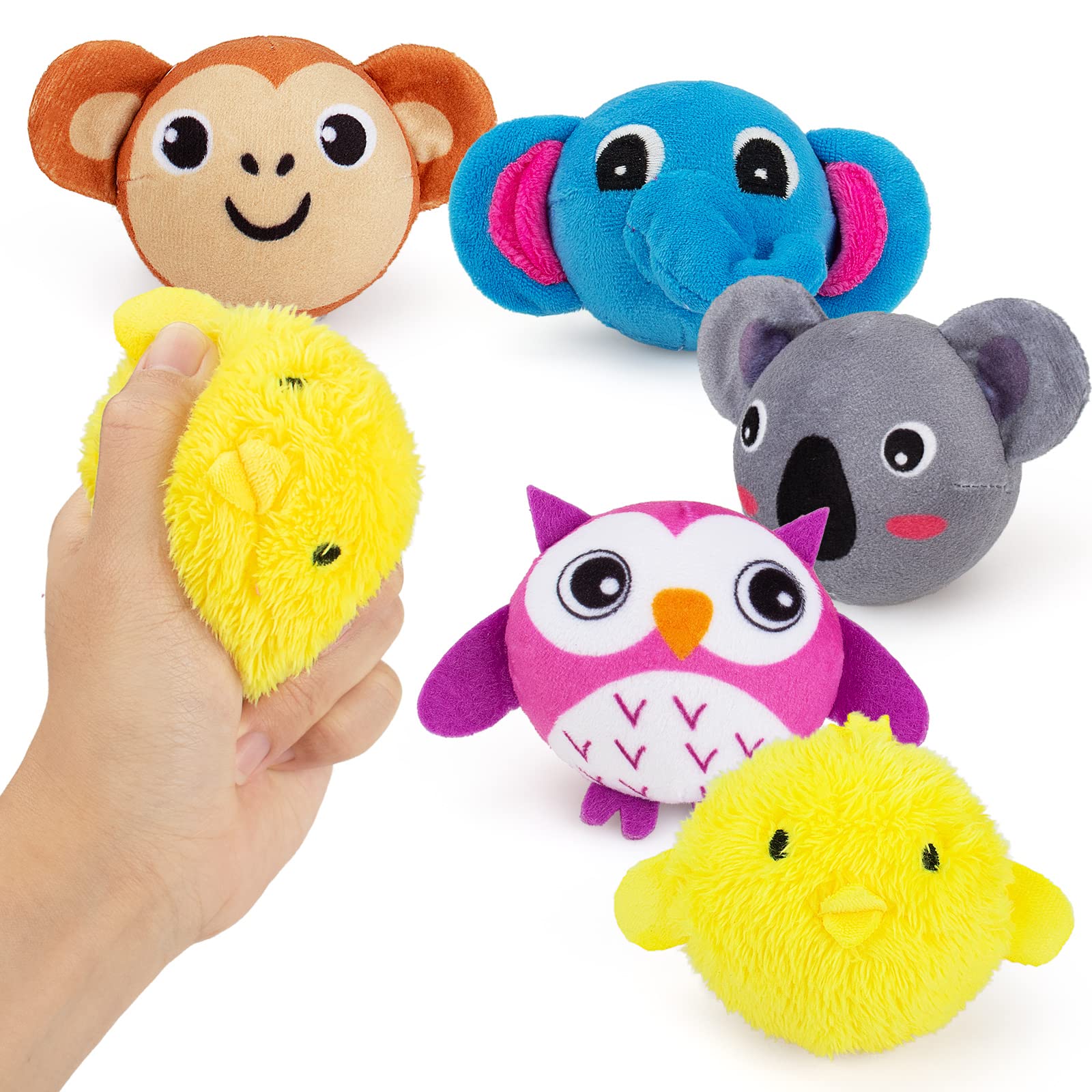 teytoy Mini Sensory Stress Ball for Kids and Adults,5 pcs Plush Stuffed Animals Farm Friends Infant and Toddler Toys Owl, Elephant, Koala, Chicken and Monkey Anxiety Relief Squeeze Toys