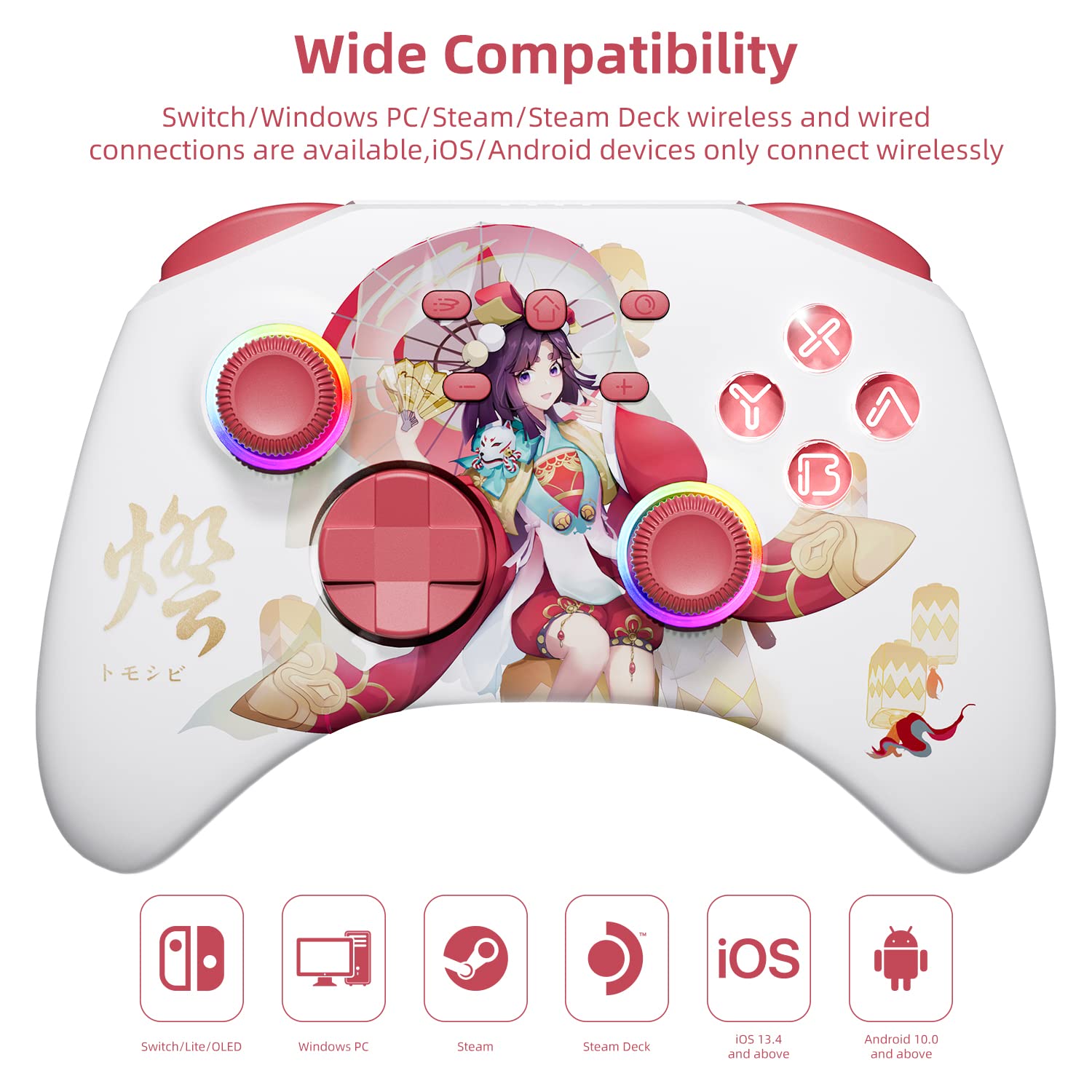 White Wireless Bluetooth Pro Controller for IOS/Android Phone, Switch/OLED/Lite, Steam Deck, PC, Multi Platform with RGB Light, Programmable Back Buttons, Headphone Jack, Anime Girl Touro