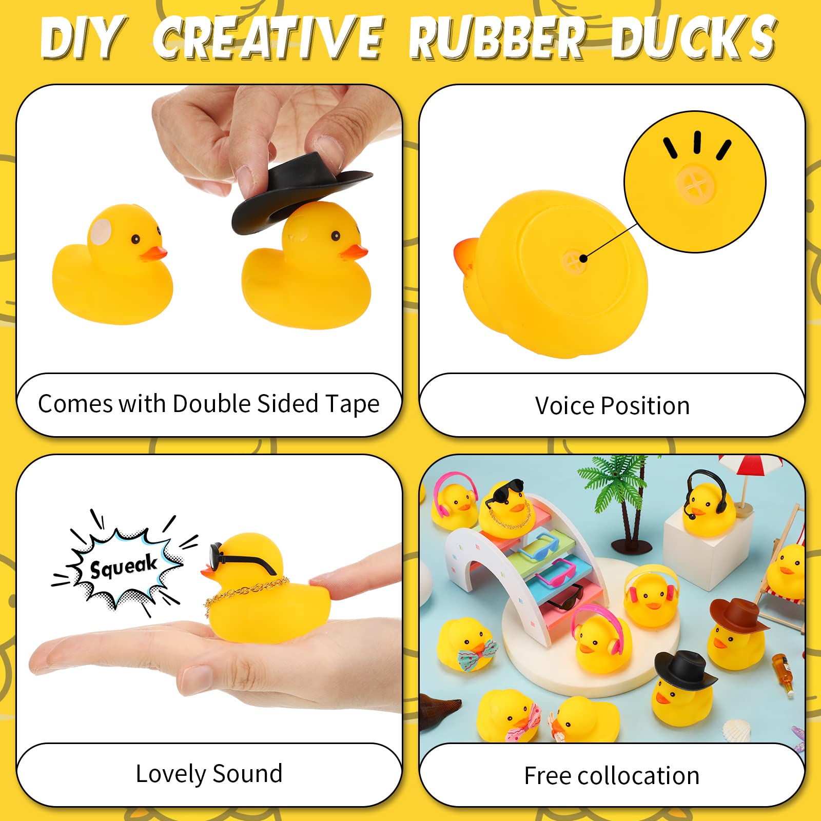 Jerify 48 Pcs Mini Rubber Duck Bulk Ducks for Ducking Car Ornament Sunglasses Cowboy Hats Bows Necklaces Earphones Headphone Cute Yellow Duck Bathtub Accessories for Summer Baby Shower Birthday Party