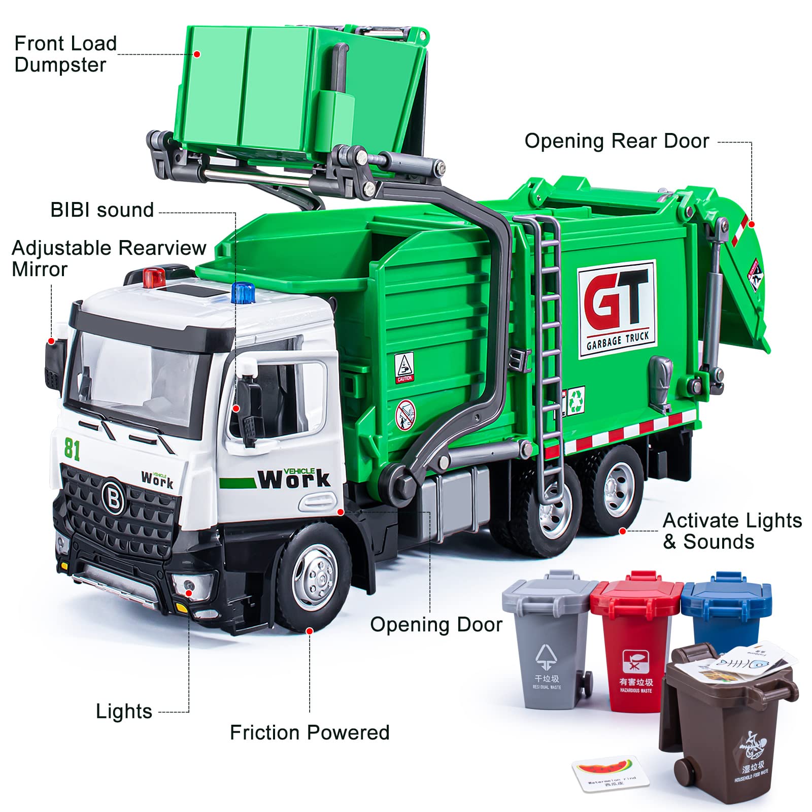 Garbage Truck Toys Metal Cab, Realistic Trash Truck Toys for Boys with Lights and Sounds, Friction Powered Recycling Truck for Kids, Front Loader with Dumpster, 4 Trash Bins with Trash Cards, 12"