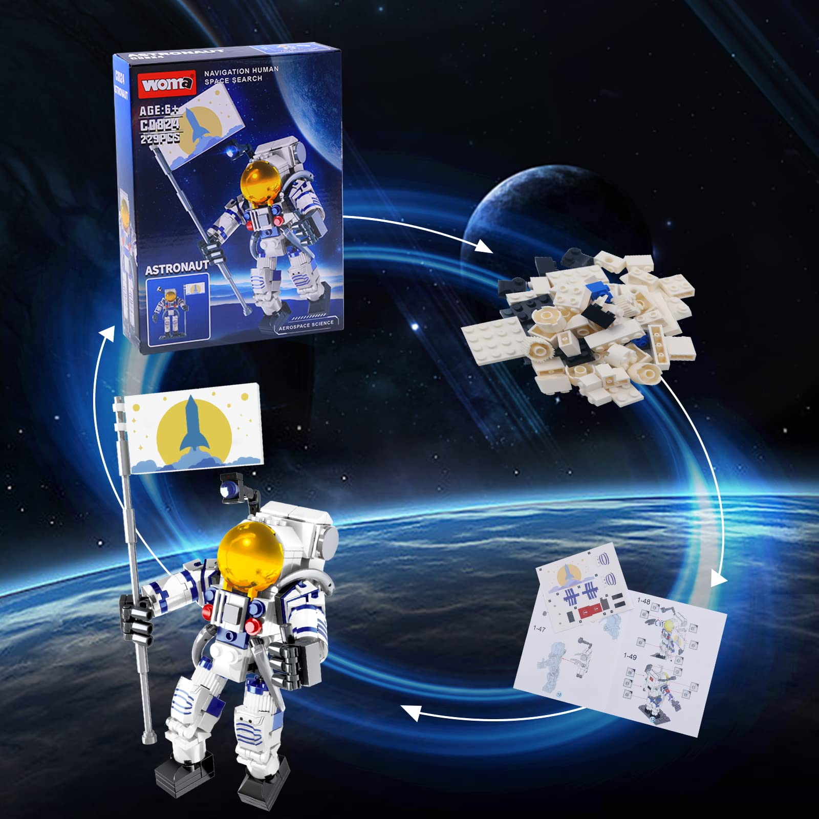 SIENON Astronaut Toys Building Kit for Kids and Adults-229pcs Building Block Astronaut Figure Holding The Flag with Movable Joints, DIY Spaceman Assembly Construction STEM Toy City Space Building Set