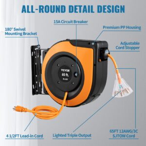 VEVOR Retractable Extension Cord Reel, 65 FT, Heavy Duty 12AWG/3C SJTOW Power Cord, with Lighted Triple Tap Outlet, 15 Amp Circuit Breaker, 180° Swivel Bracket for Ceiling or Wall Mount