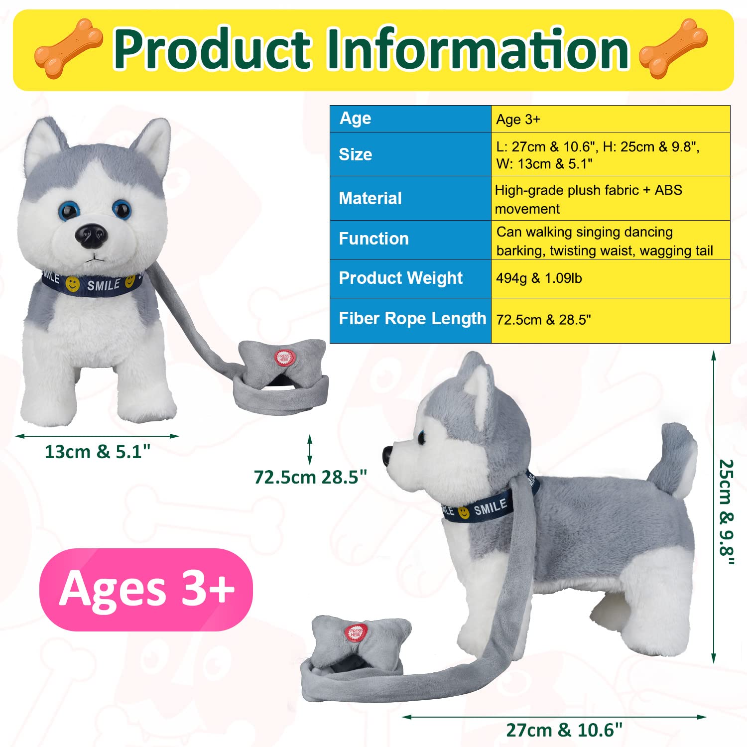 Husky Walking and Barking Puppy Dog Toy with Control Leash,Realistic Wagging Tail Robot Interactive Musical Dancing Animated Plush Stuffed Animal Electronic Pet for Kids Toddlers