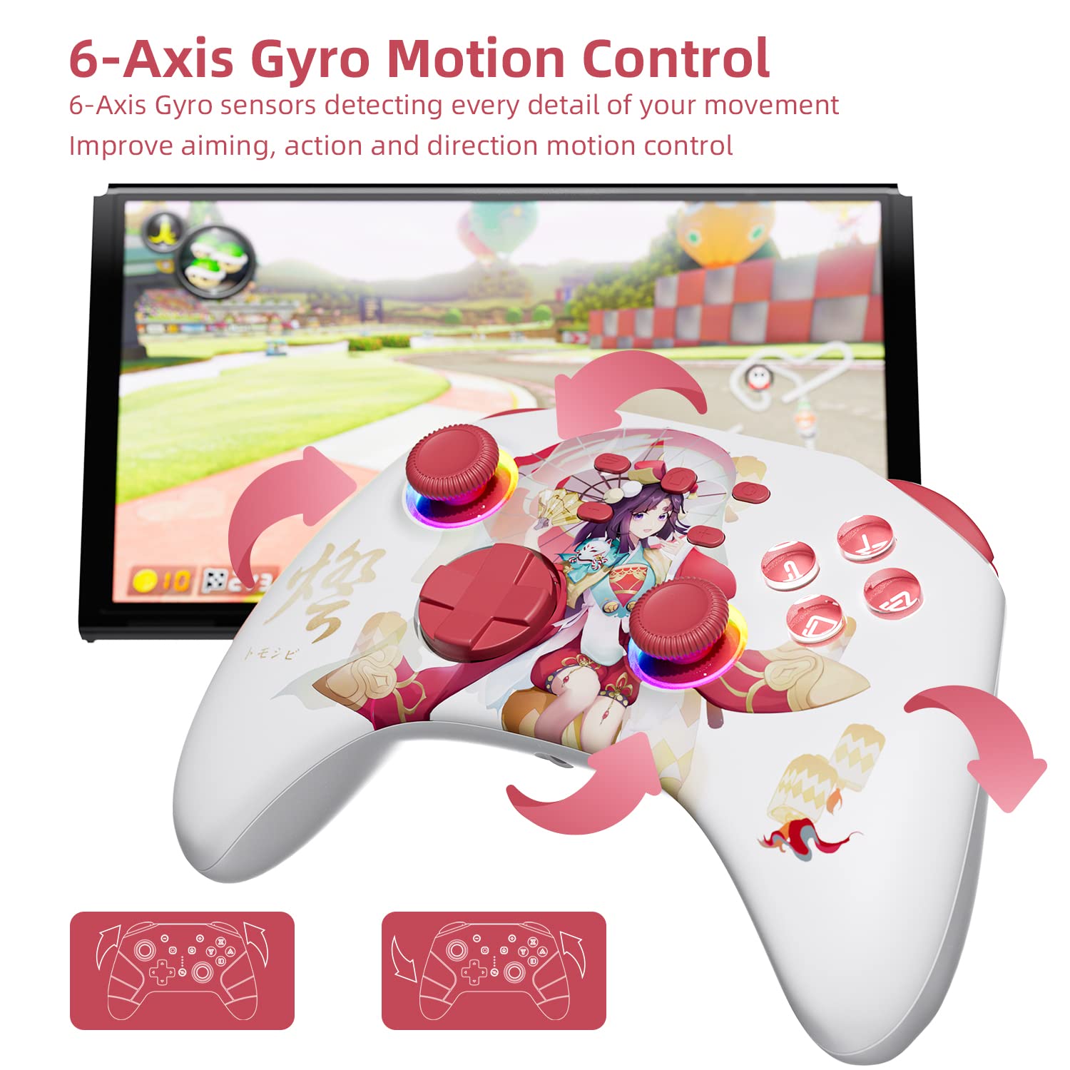 White Wireless Bluetooth Pro Controller for IOS/Android Phone, Switch/OLED/Lite, Steam Deck, PC, Multi Platform with RGB Light, Programmable Back Buttons, Headphone Jack, Anime Girl Touro