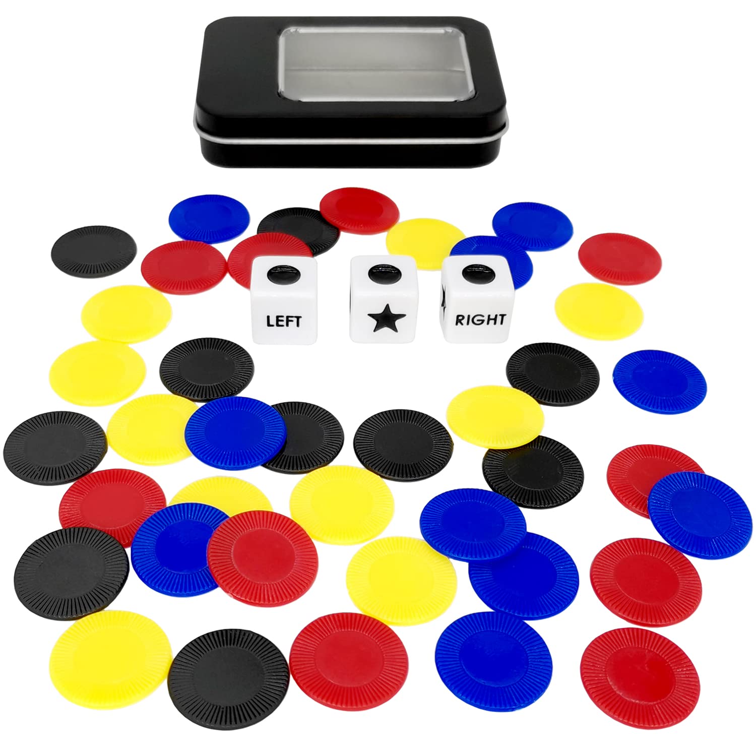 Ahoper Left Right Center Dice Game Prime Set with 3 Dices + 40 Chips (Colorful) (4 Mixed Colors)