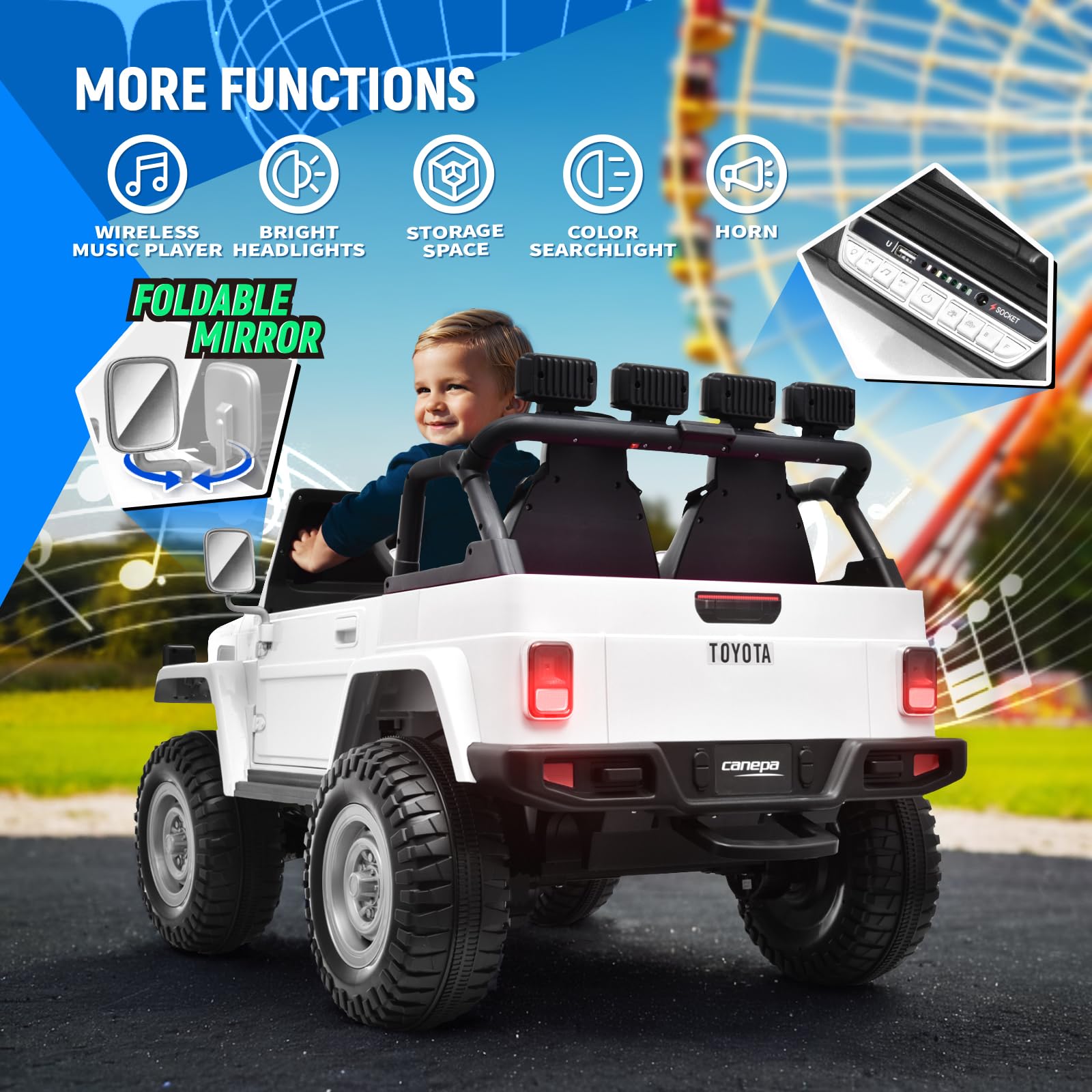 Joywhale 24V 2 Seater Kids Ride on Truck Licensed Toyota Land Cruiser FJ40 4WD Battery Powered Electric Car, with 4x75W Engine, Remote Control, Soft Braking, Easy-Drag, Suspension & Car Cover, White