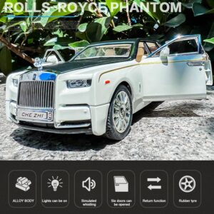 EROCK Upgrade Version -Exquisite car Model 1/24 Rolls-Royce Phantom Model Car,Zinc Alloy Pull Back Toy car with Sound and Light for Kids Boy Girl Gift. (White-Black)