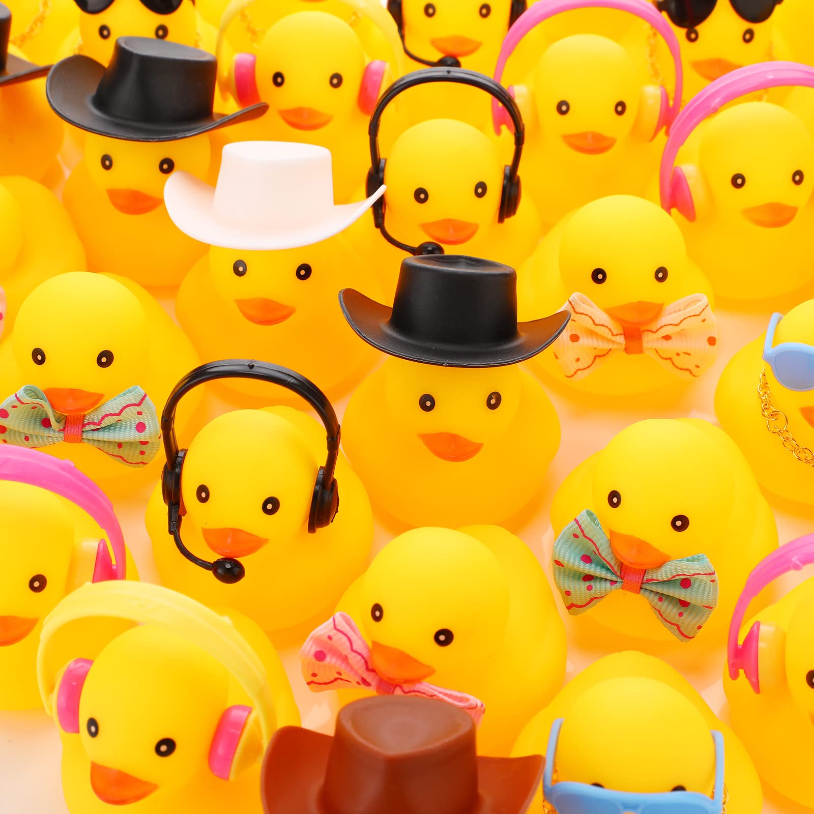 Jerify 48 Pcs Mini Rubber Duck Bulk Ducks for Ducking Car Ornament Sunglasses Cowboy Hats Bows Necklaces Earphones Headphone Cute Yellow Duck Bathtub Accessories for Summer Baby Shower Birthday Party