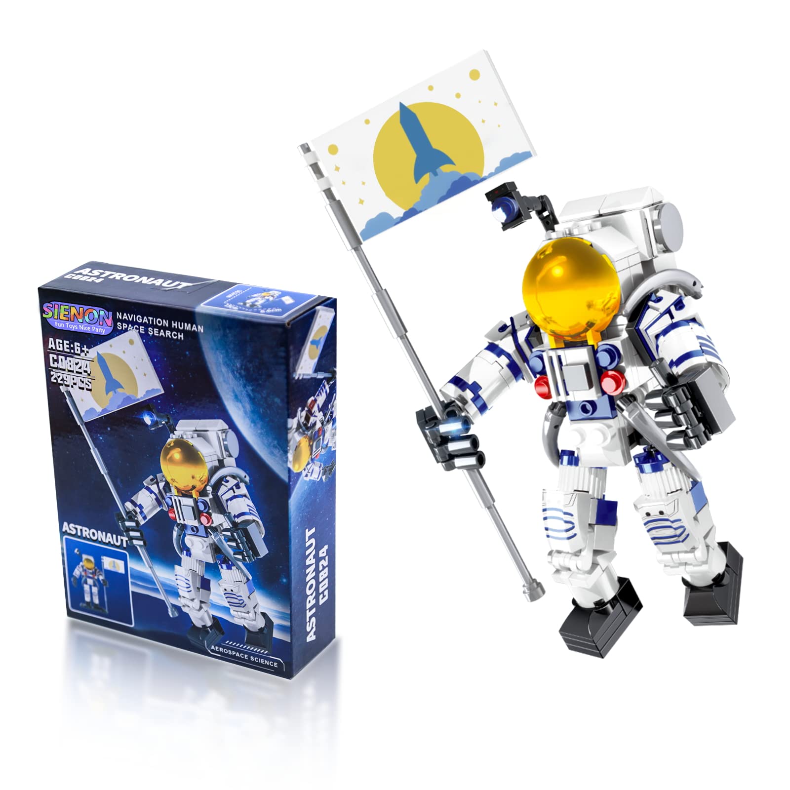 SIENON Astronaut Toys Building Kit for Kids and Adults-229pcs Building Block Astronaut Figure Holding The Flag with Movable Joints, DIY Spaceman Assembly Construction STEM Toy City Space Building Set