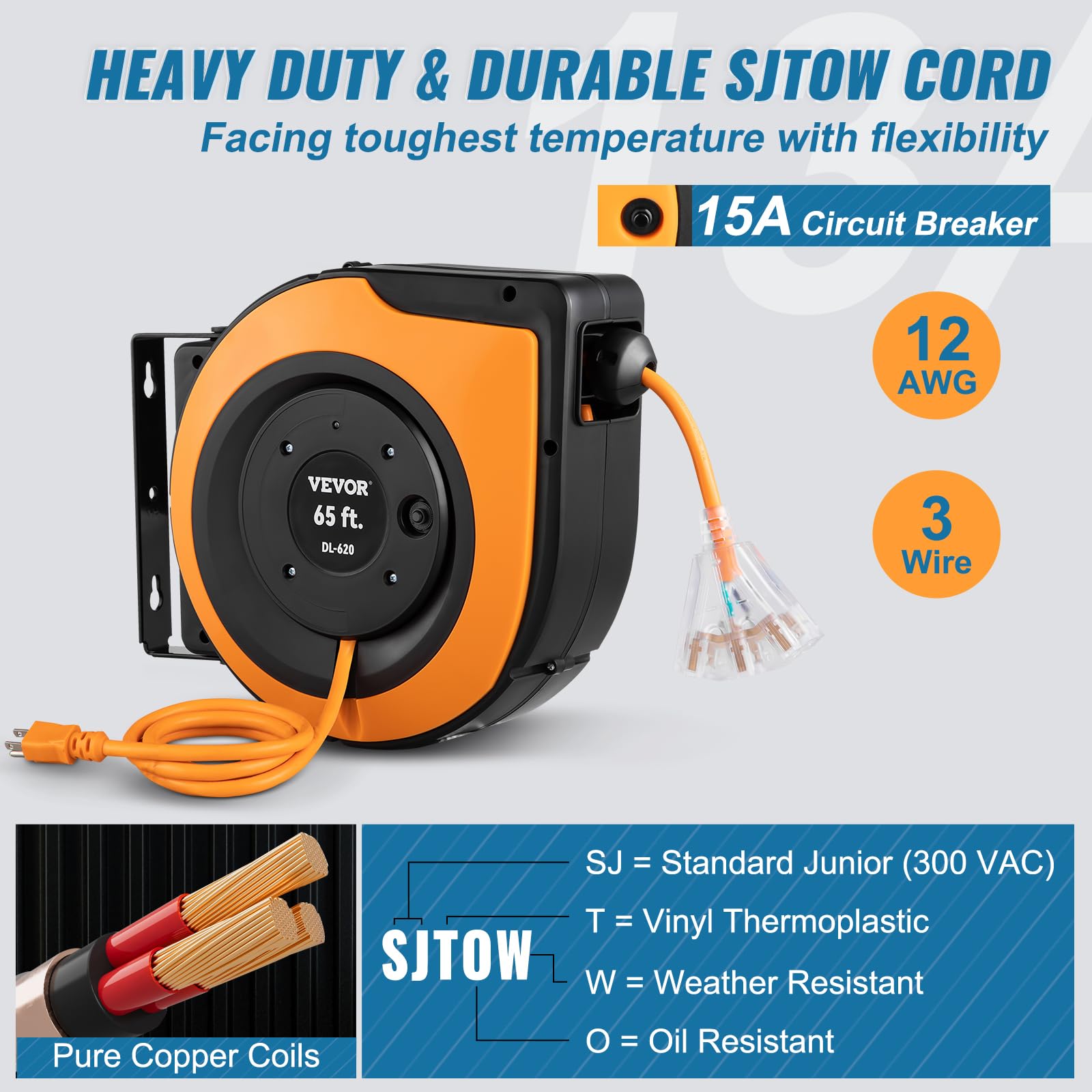 VEVOR Retractable Extension Cord Reel, 65 FT, Heavy Duty 12AWG/3C SJTOW Power Cord, with Lighted Triple Tap Outlet, 15 Amp Circuit Breaker, 180° Swivel Bracket for Ceiling or Wall Mount