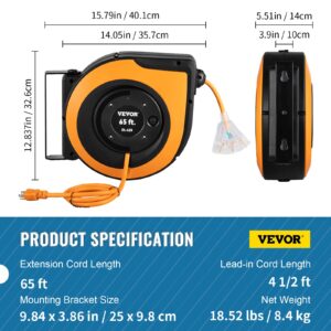 VEVOR Retractable Extension Cord Reel, 65 FT, Heavy Duty 12AWG/3C SJTOW Power Cord, with Lighted Triple Tap Outlet, 15 Amp Circuit Breaker, 180° Swivel Bracket for Ceiling or Wall Mount