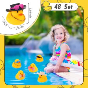 Jerify 48 Pcs Mini Rubber Duck Bulk Ducks for Ducking Car Ornament Sunglasses Cowboy Hats Bows Necklaces Earphones Headphone Cute Yellow Duck Bathtub Accessories for Summer Baby Shower Birthday Party