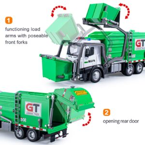 Garbage Truck Toys Metal Cab, Realistic Trash Truck Toys for Boys with Lights and Sounds, Friction Powered Recycling Truck for Kids, Front Loader with Dumpster, 4 Trash Bins with Trash Cards, 12"