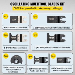 VEVOR 50 PCS Oscillating Saw Blades, Quick Release Multitool Blades Kit, HCS Tool Blades for Wood Plastic Metal Nails Bolts, Compatible with Dewalt Dremel Fein Worx Bosch Makita Milwaukee