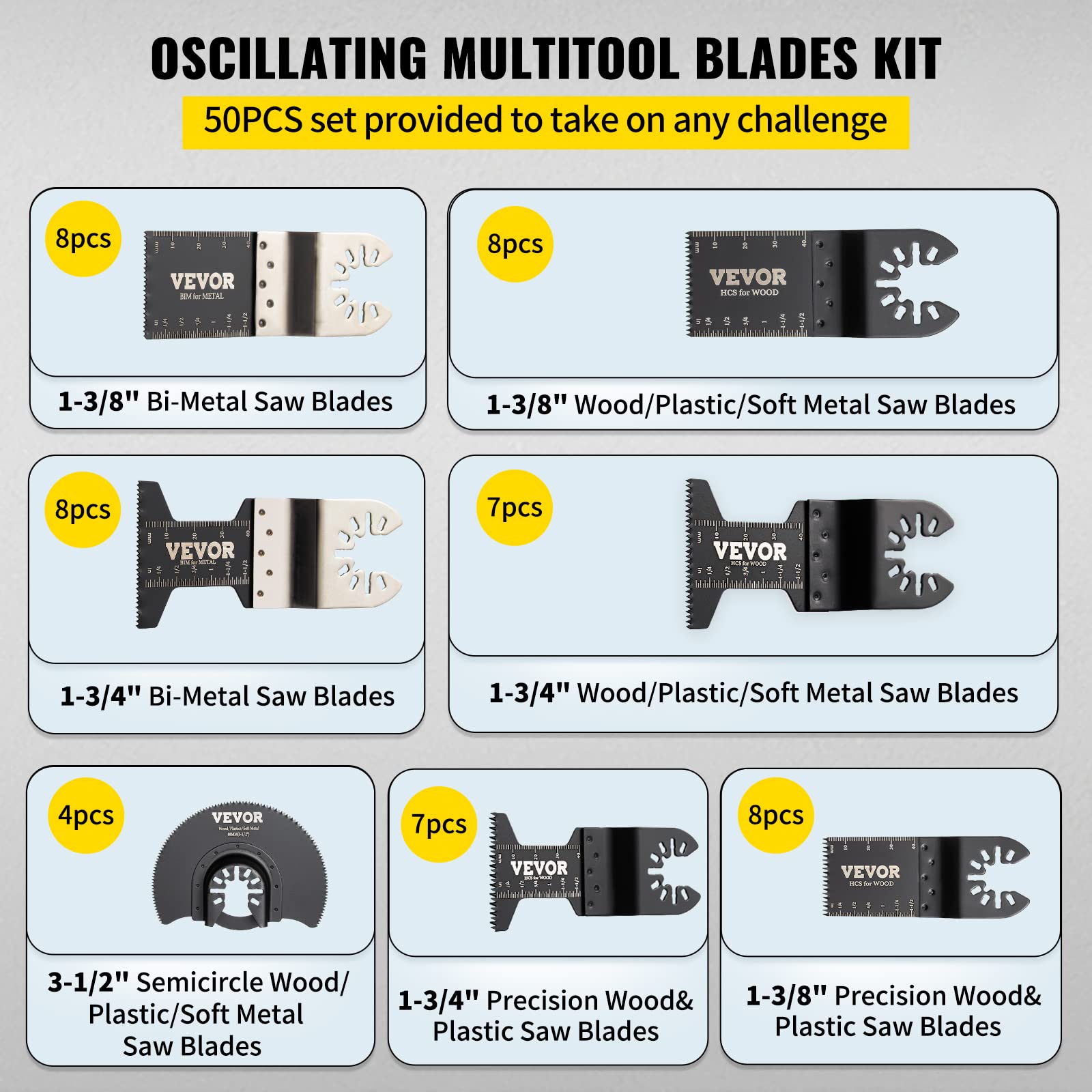 VEVOR 50 PCS Oscillating Saw Blades, Quick Release Multitool Blades Kit, HCS Tool Blades for Wood Plastic Metal Nails Bolts, Compatible with Dewalt Dremel Fein Worx Bosch Makita Milwaukee