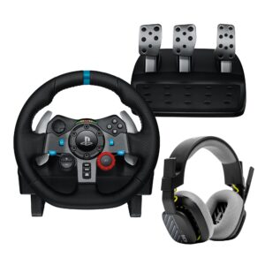 logitech g29 driving force racing wheel and pedals, force feedback, real leather + astro a10 gen 2 wired headset - for ps5, ps4, pc, mac - black