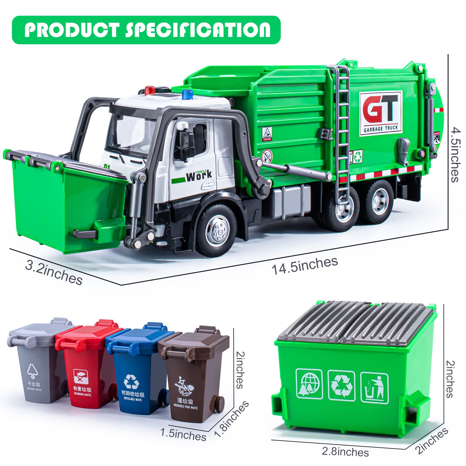 Garbage Truck Toys Metal Cab, Realistic Trash Truck Toys for Boys with Lights and Sounds, Friction Powered Recycling Truck for Kids, Front Loader with Dumpster, 4 Trash Bins with Trash Cards, 12"