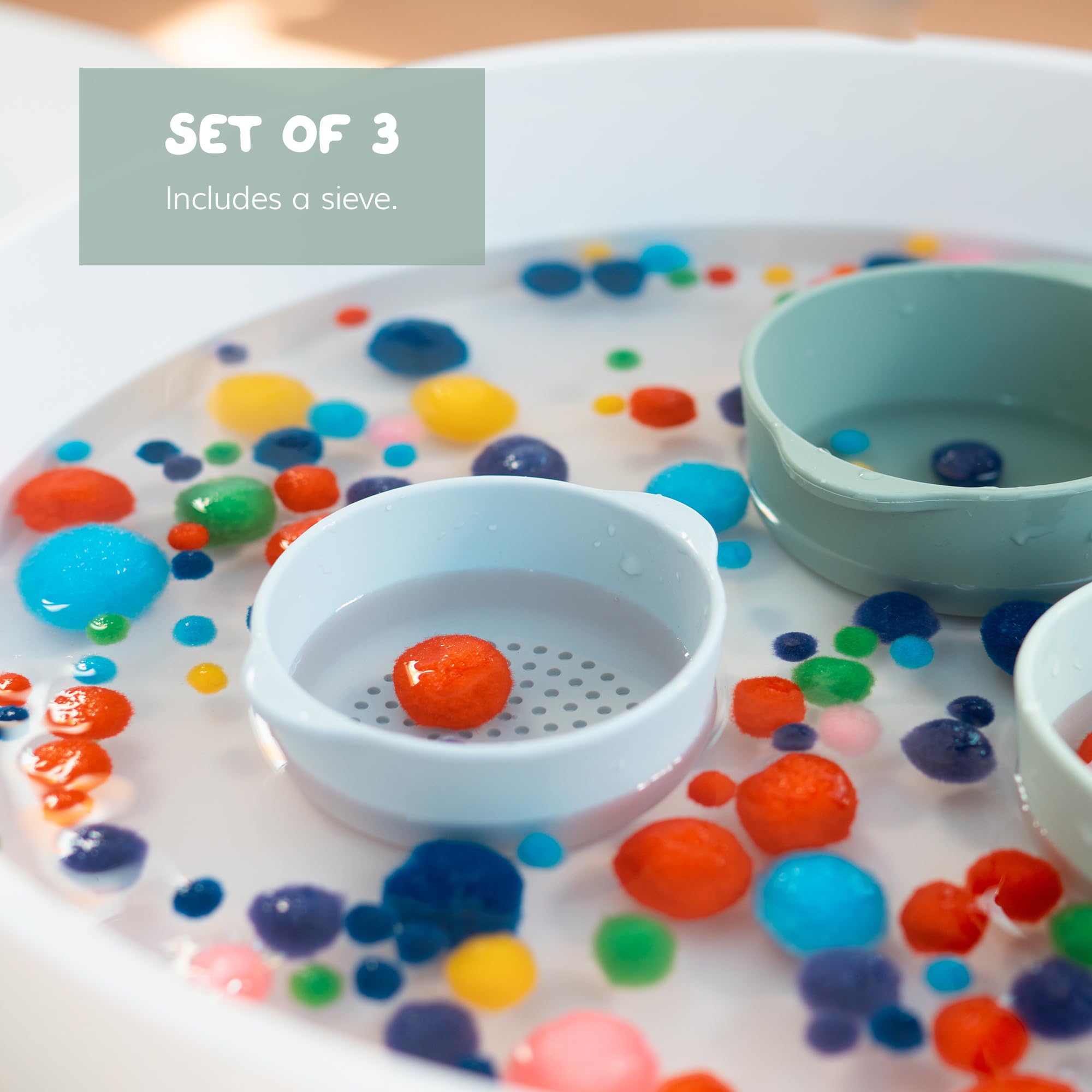 Inspire My Play - 3 x Nesting Bowls and Sieve - Perfect for Sensory PlayTray - Sensory Bin Accessories - Special Education Classroom Supplies - Montessori Education Toys