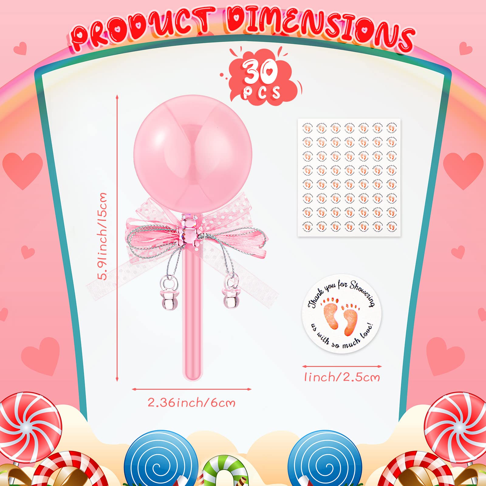 30 Pcs Baby Rattle Party Favors Baby Shower Bottles with Bow Crystal Bear Pacifier Ornament Pink Fillable Baby Rattle Plastic Candy Bottle and 56 Thank You Label Stickers for Birthday Gift Decoration