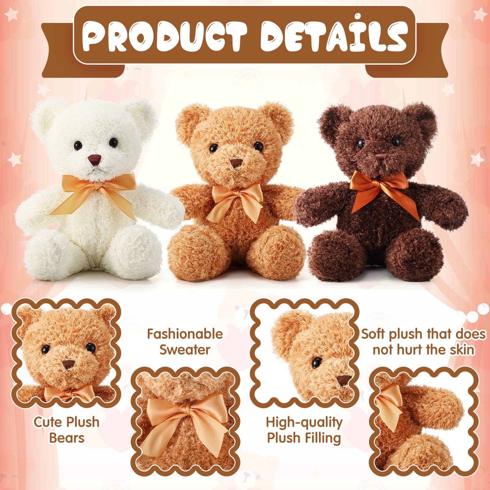 HyDren 12 Pcs Bear Stuffed Animal 12 Inch Bulk Soft Plush Bear Toys with Ribbon Bow Ties Fluffy Bears for Birthday Gift Baby Shower Graduation Wedding Party Favors(Light Brown, Dark Brown, White)