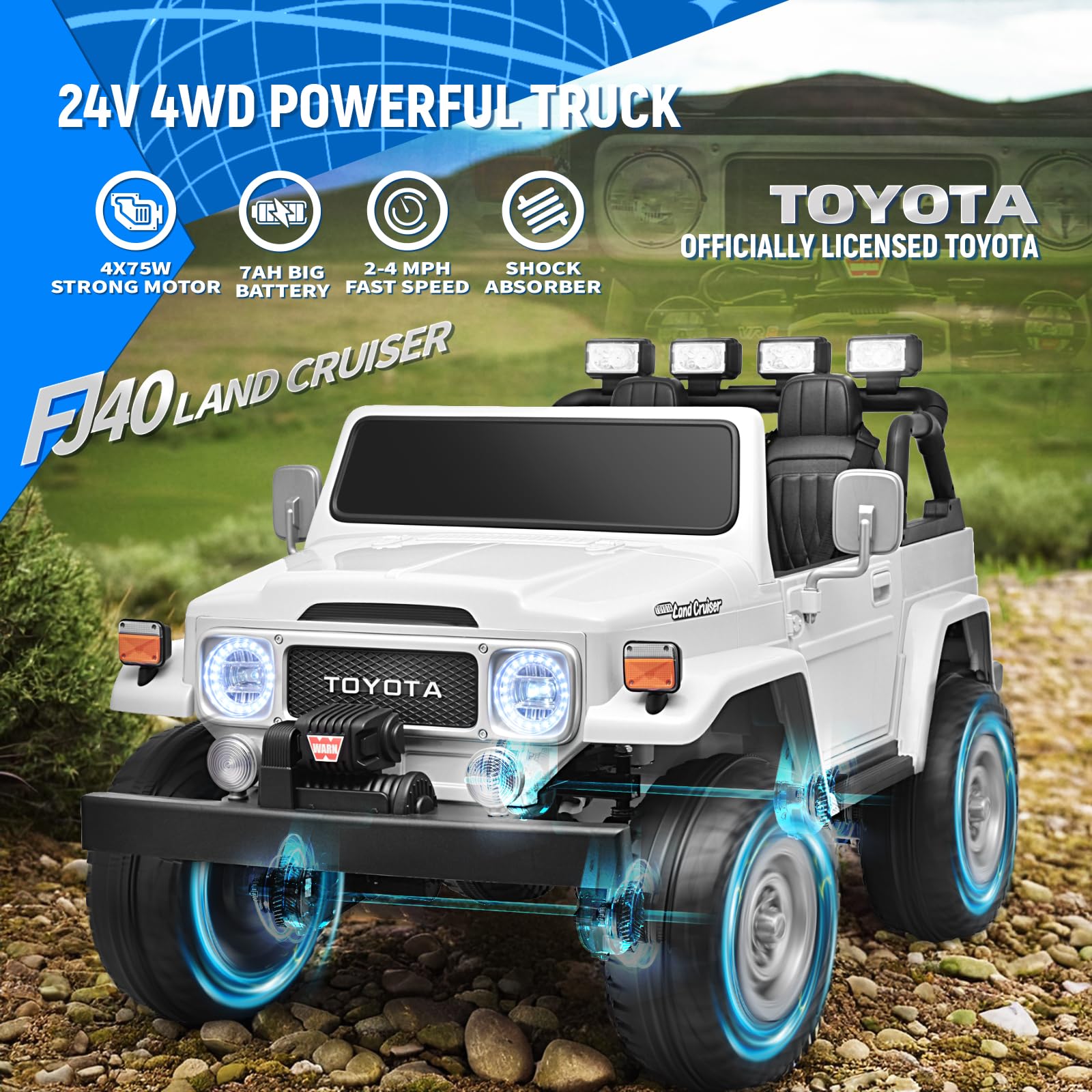 Joywhale 24V 2 Seater Kids Ride on Truck Licensed Toyota Land Cruiser FJ40 4WD Battery Powered Electric Car, with 4x75W Engine, Remote Control, Soft Braking, Easy-Drag, Suspension & Car Cover, White