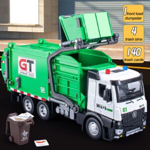 Garbage Truck Toys Metal Cab, Realistic Trash Truck Toys for Boys with Lights and Sounds, Friction Powered Recycling Truck for Kids, Front Loader with Dumpster, 4 Trash Bins with Trash Cards, 12"