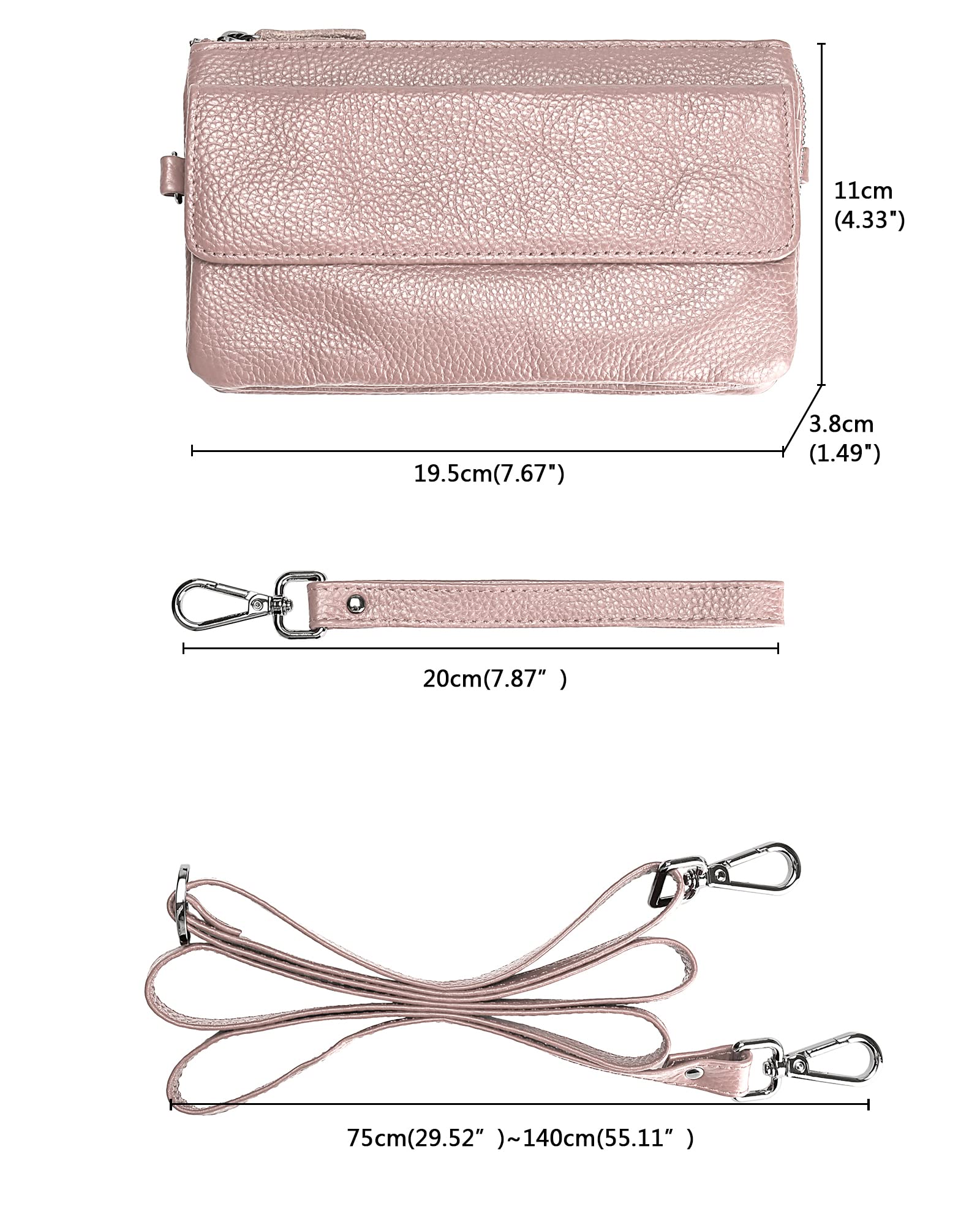 Uromee Wristlet Wallet Clutch Purses for Women Genuine Leather RFID Crossbody Bag Card Holder Detachable Shoulder Strap