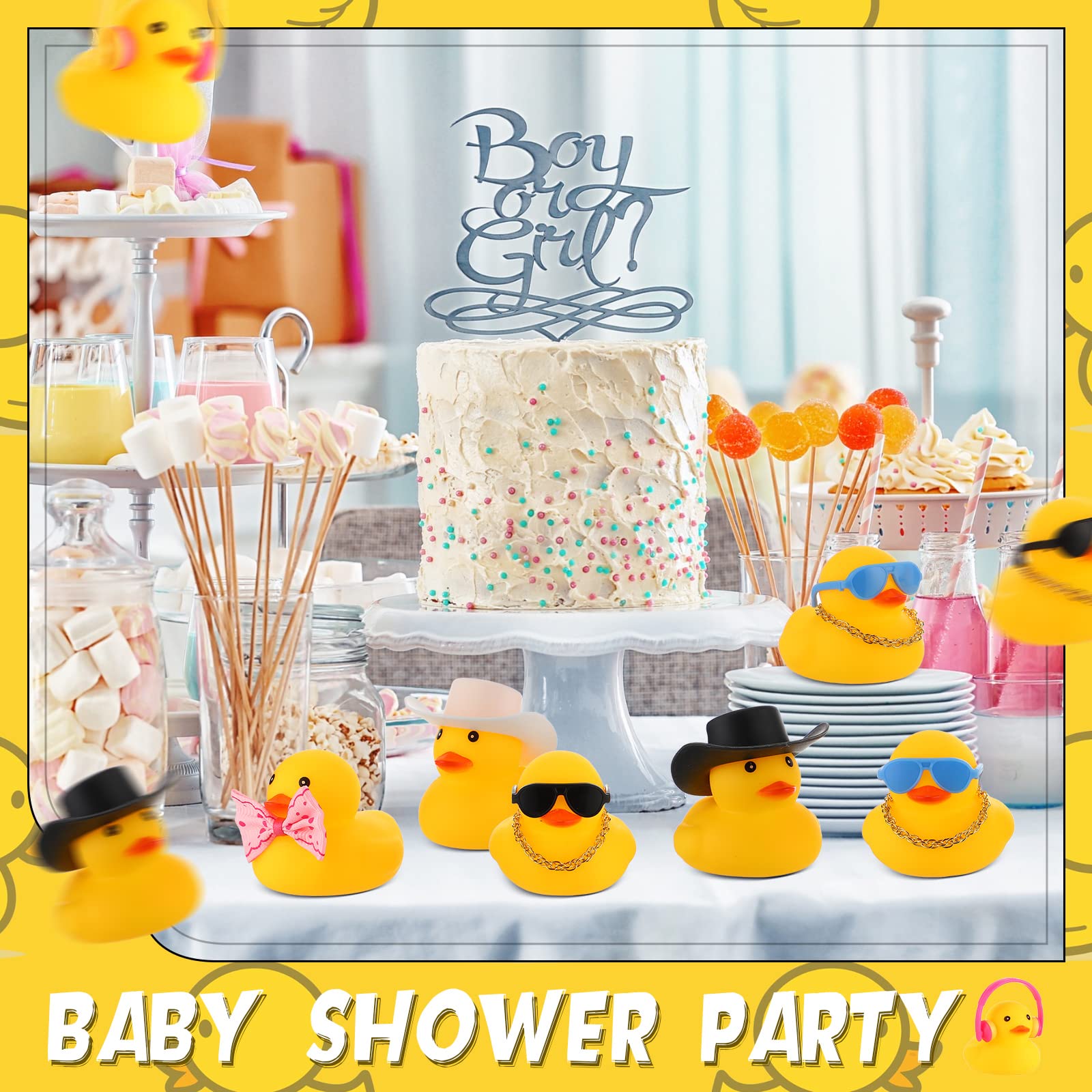 Jerify 48 Pcs Mini Rubber Duck Bulk Ducks for Ducking Car Ornament Sunglasses Cowboy Hats Bows Necklaces Earphones Headphone Cute Yellow Duck Bathtub Accessories for Summer Baby Shower Birthday Party