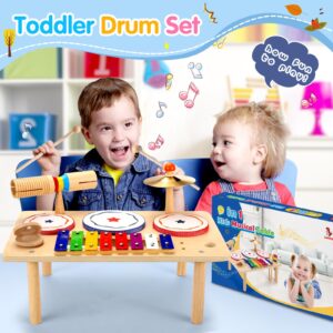 Kids Drum Set, Baby Musical Instruments Toys for Toddlers, 9 in 1 Wooden Xylophone Toddler Drum Set Percussion Instruments Musical Toys Birthday Gifts for Children Boys and Girls