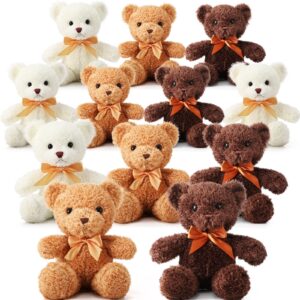 HyDren 12 Pcs Bear Stuffed Animal 12 Inch Bulk Soft Plush Bear Toys with Ribbon Bow Ties Fluffy Bears for Birthday Gift Baby Shower Graduation Wedding Party Favors(Light Brown, Dark Brown, White)