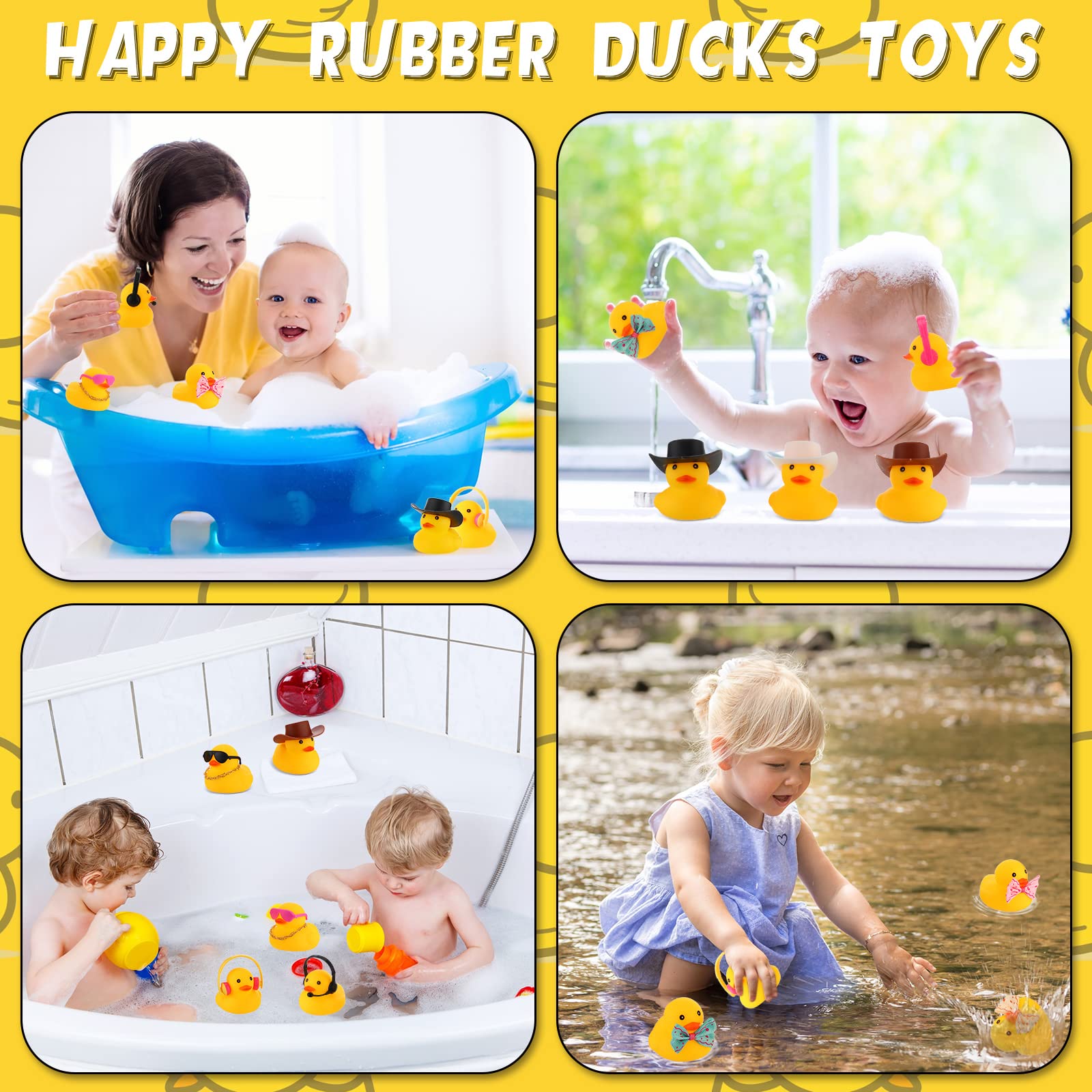 Jerify 48 Pcs Mini Rubber Duck Bulk Ducks for Ducking Car Ornament Sunglasses Cowboy Hats Bows Necklaces Earphones Headphone Cute Yellow Duck Bathtub Accessories for Summer Baby Shower Birthday Party