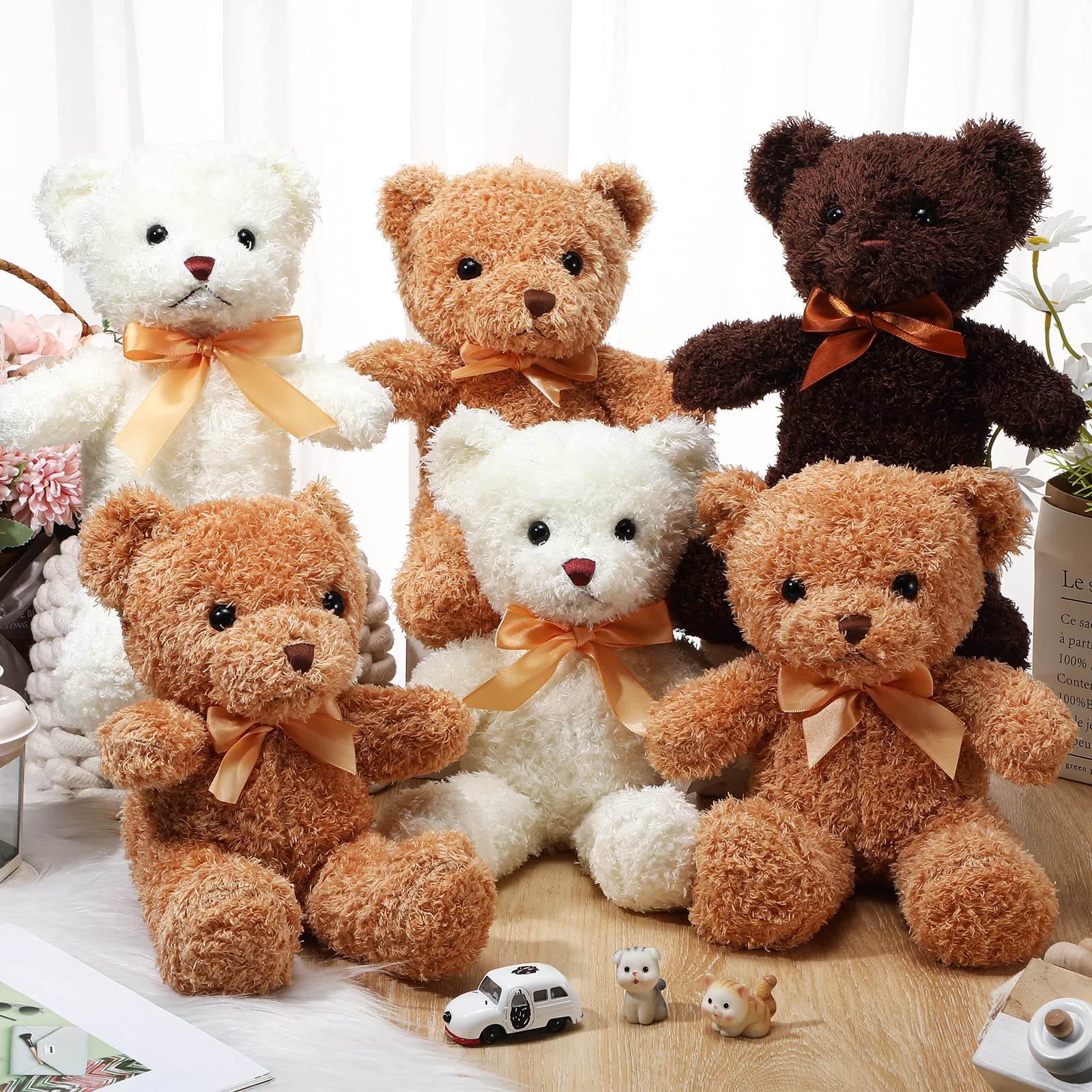 HyDren 12 Pcs Bear Stuffed Animal 12 Inch Bulk Soft Plush Bear Toys with Ribbon Bow Ties Fluffy Bears for Birthday Gift Baby Shower Graduation Wedding Party Favors(Light Brown, Dark Brown, White)