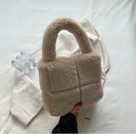 Fluffy Sherpa Mini Tote Bag for Women Girls Kawaii Purse Cute Tote Bag Aesthetic Soft Plush Handbag with Top Handle (Beige,one size)