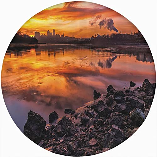 Landscape Round Fitted Tablecloth Cover,USA Missouri Kansas City Scenery of Sunset Lake Print Elastic Edged Polyester Fitted Table Cover, XLarge, Fit Round Tables 59"-63" Diameter, for Party Dining