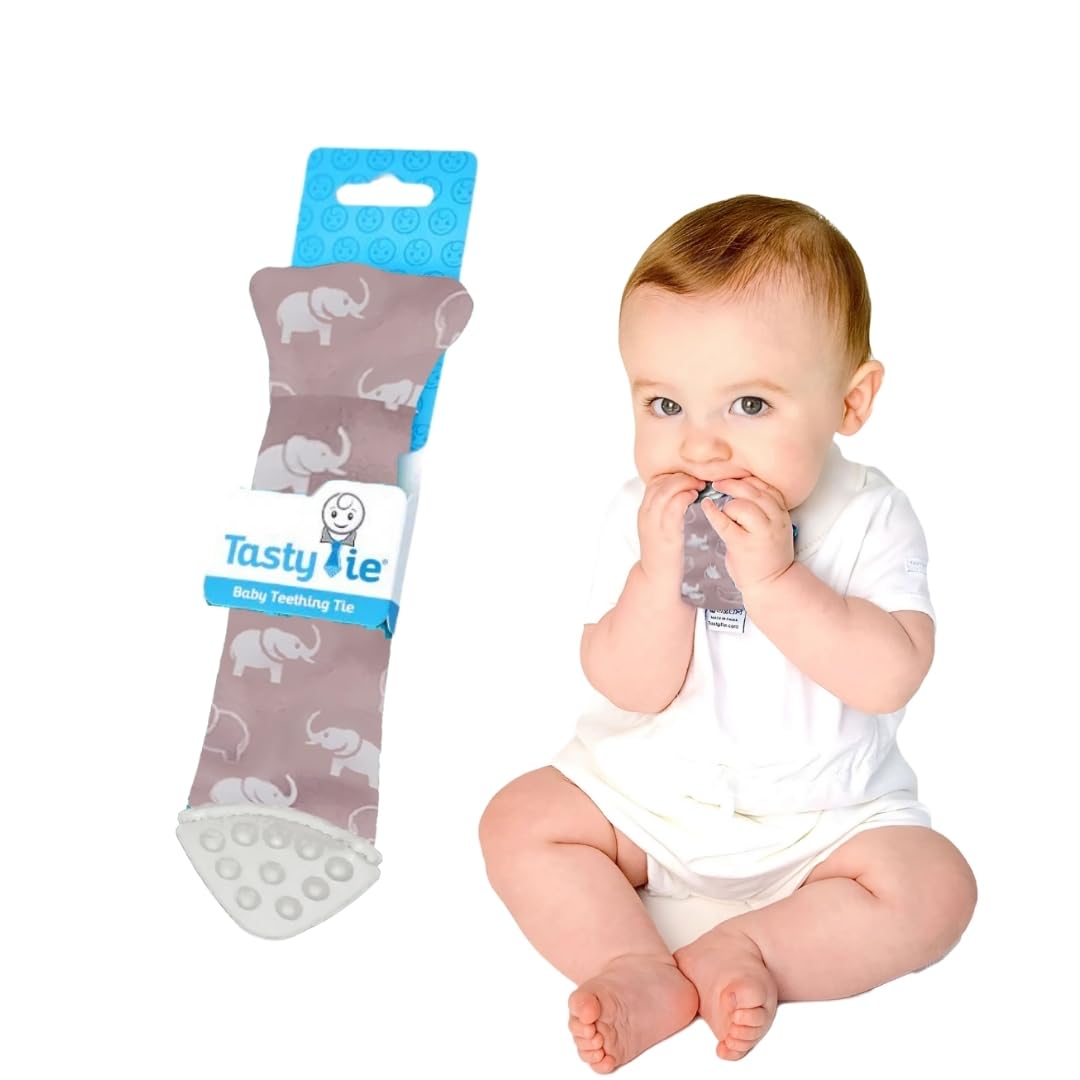 Tasty Tie Teething Tie, 3-in-1 Clip-on Baby Tie, Crinkle Toy & Silicone Teether for 3-6-9-12-18 Month Babies, Unique Baby Boy Gift or Stocking Stuffer, Elephant Style