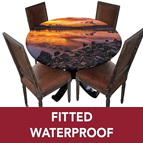 Landscape Round Fitted Tablecloth Cover,USA Missouri Kansas City Scenery of Sunset Lake Print Elastic Edged Polyester Fitted Table Cover, XLarge, Fit Round Tables 59"-63" Diameter, for Party Dining