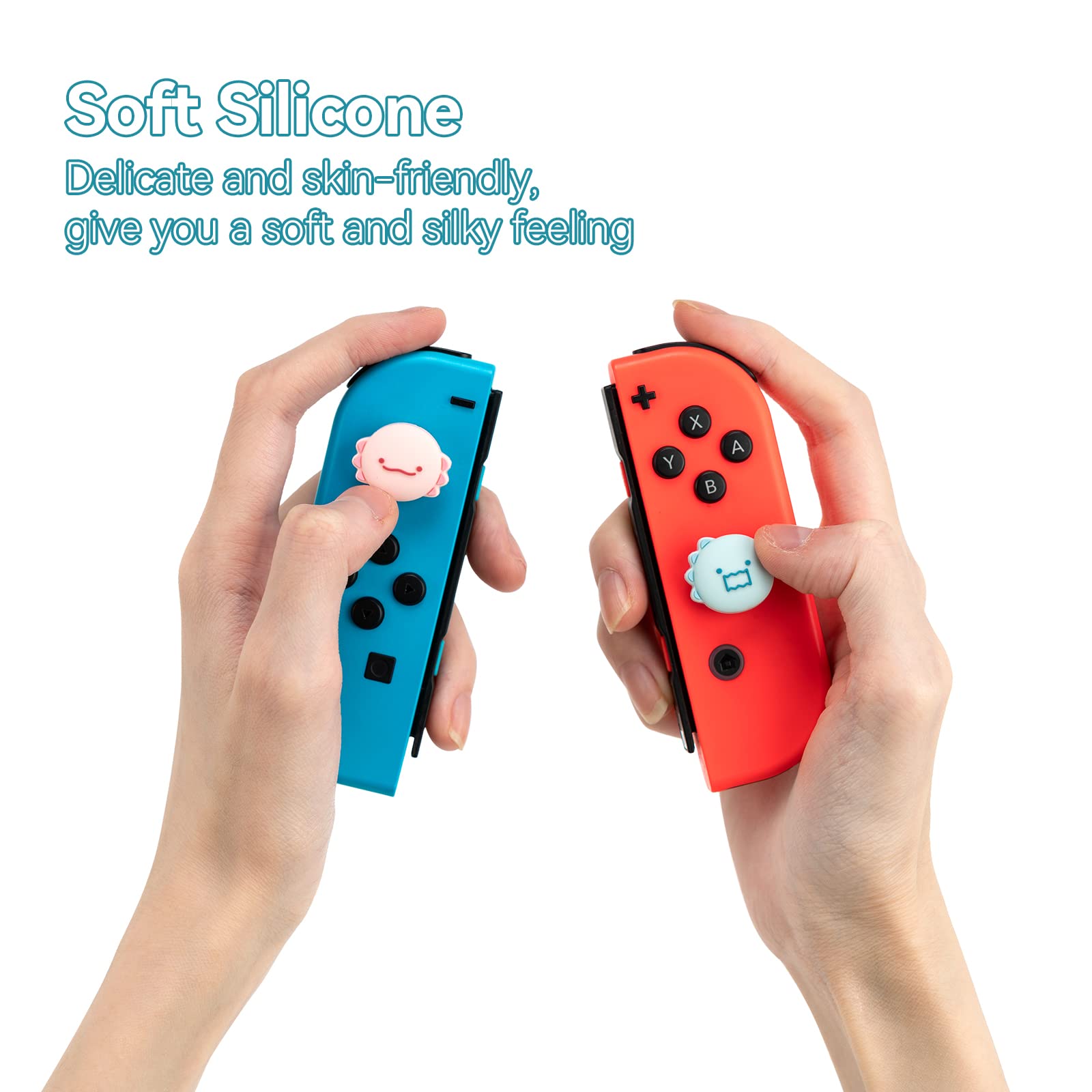 GeekShare Cute Silicone Joycon Thumb Grip Caps, Joystick Cover Compatible with Nintendo Switch/OLED/Switch Lite,4PCS - Dinosaur & Axolotl