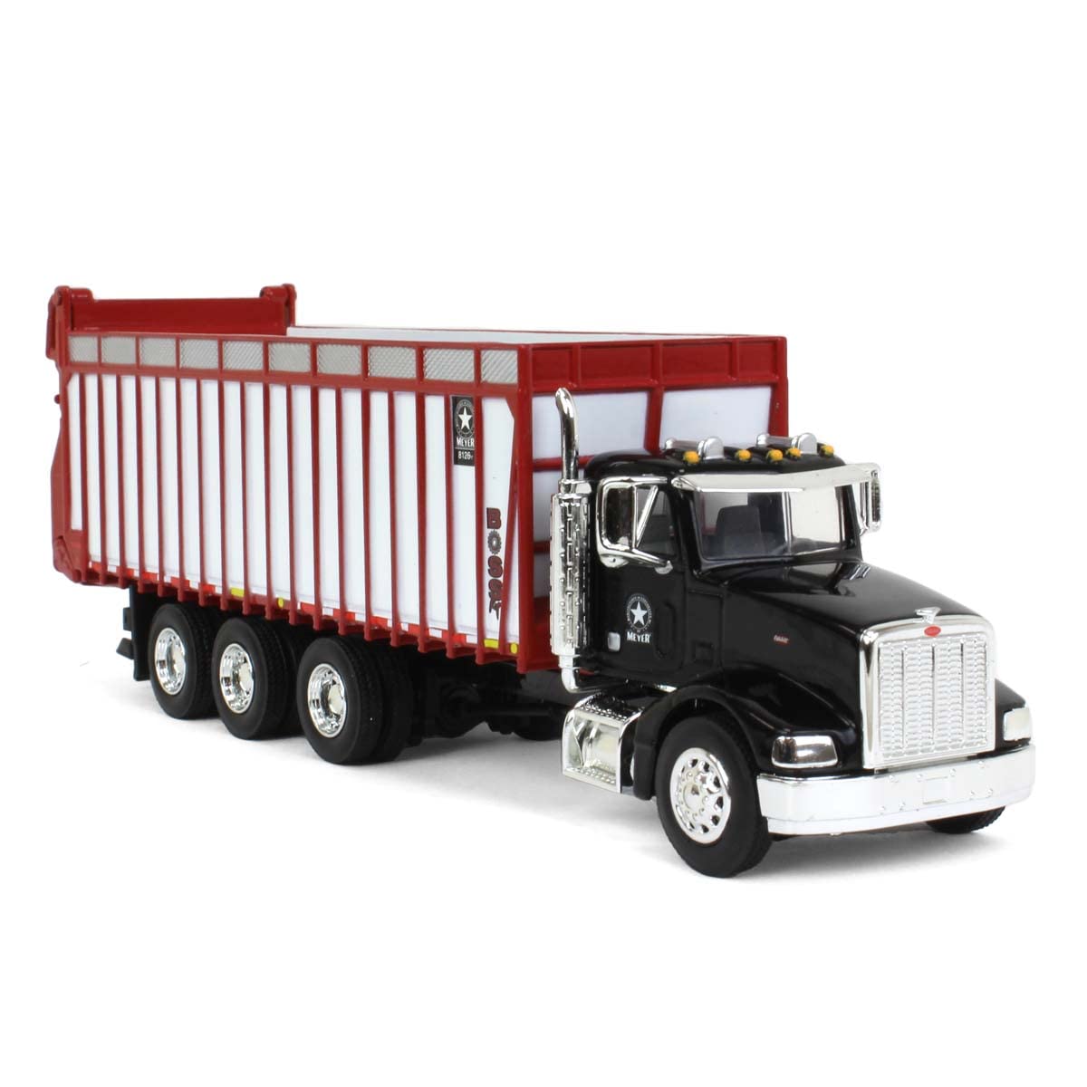 Spec Cast 1/64 Black Peterbilt 385 w/Red & White Meyer 8126RT Boss Forage Box MEY-003