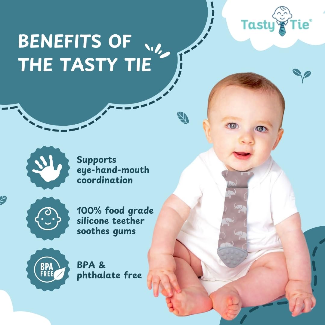 Tasty Tie Teething Tie, 3-in-1 Clip-on Baby Tie, Crinkle Toy & Silicone Teether for 3-6-9-12-18 Month Babies, Unique Baby Boy Gift or Stocking Stuffer, Elephant Style