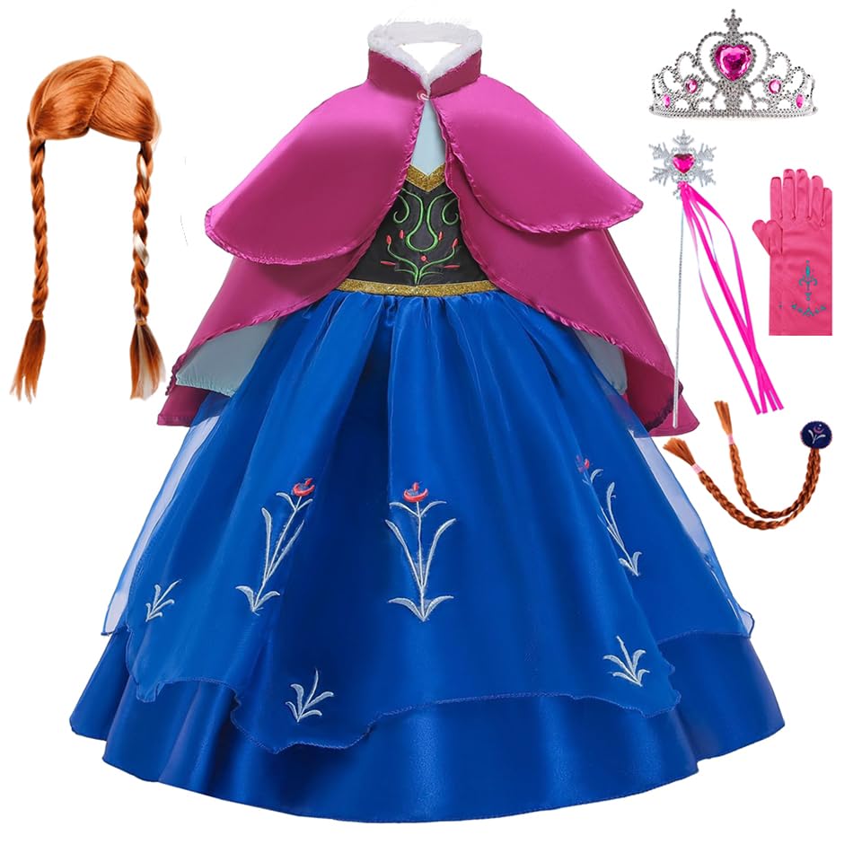 Princess Costume for Girls Tiara Wand Gloves Wig Toddler Kids Halloween Outfit Dress Up Clothes Pretend Play, 7Y-8Y