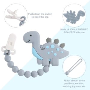 Baby Teething Toys for Babies 3-6 6-12 Months, Dinosaur Teether Pain Relief Toy with One Piece Design Pacifier Clip Holder Set, Freezer Safe Neutral Shower Gift for Boys and Girls (Grey)