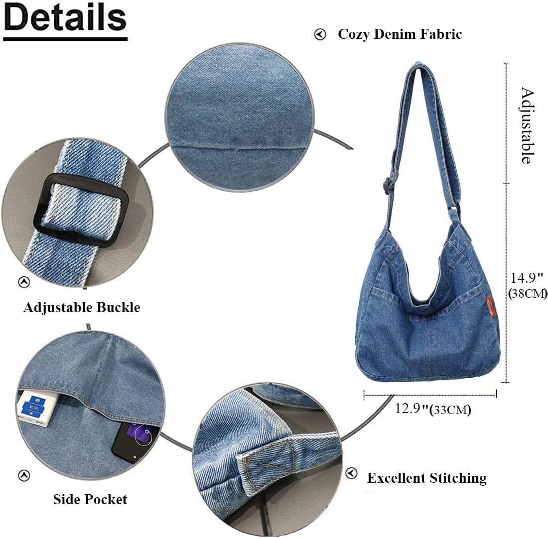 RTGGSEL Unisex Denim Messenger Bag Large Hobo Crossbody Bag with Multiple Pockets Jeans Tone Shoulder Tote HandBag