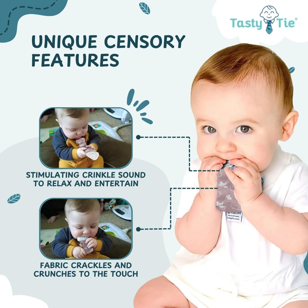 Tasty Tie Teething Tie, 3-in-1 Clip-on Baby Tie, Crinkle Toy & Silicone Teether for 3-6-9-12-18 Month Babies, Unique Baby Boy Gift or Stocking Stuffer, Elephant Style