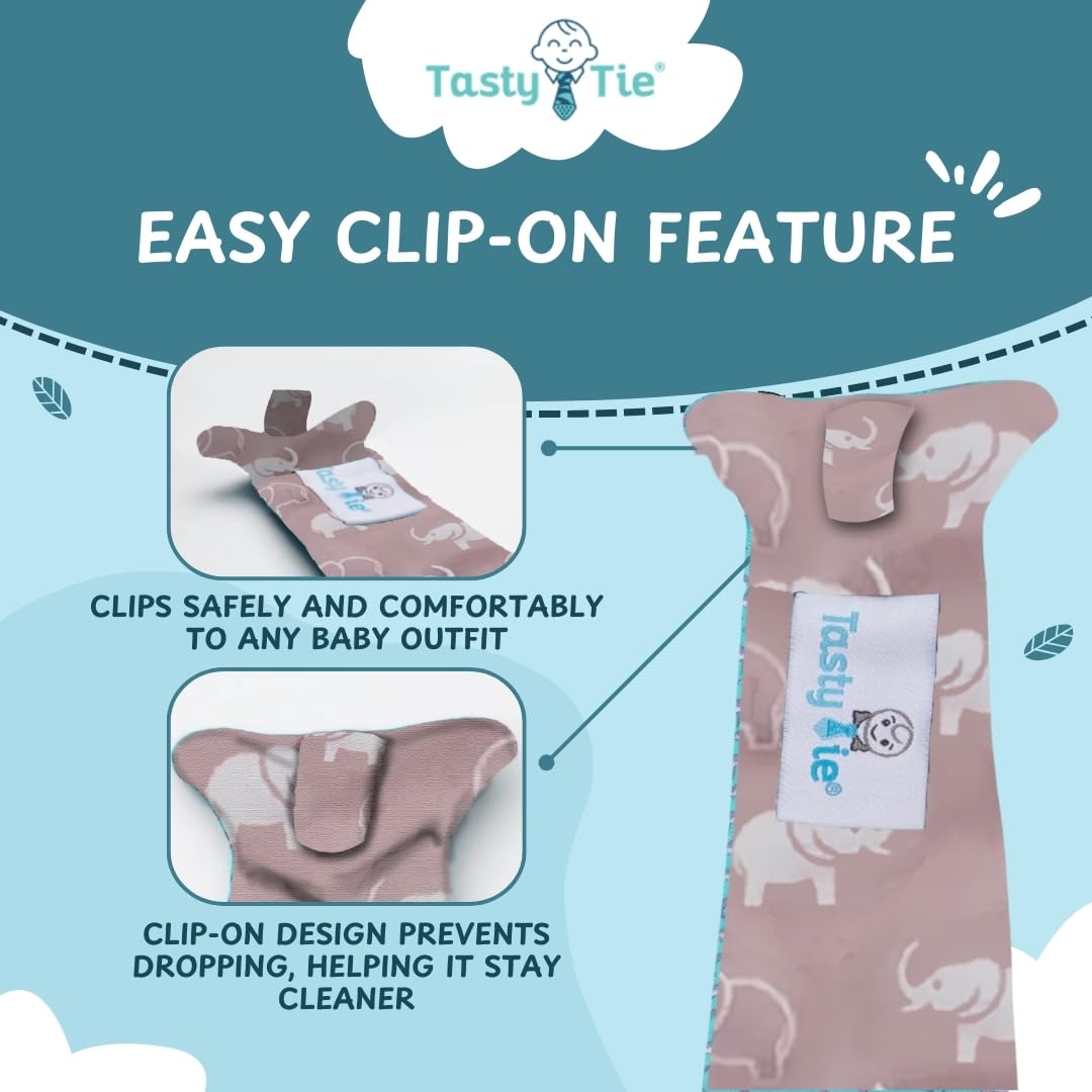 Tasty Tie Teething Tie, 3-in-1 Clip-on Baby Tie, Crinkle Toy & Silicone Teether for 3-6-9-12-18 Month Babies, Unique Baby Boy Gift or Stocking Stuffer, Elephant Style